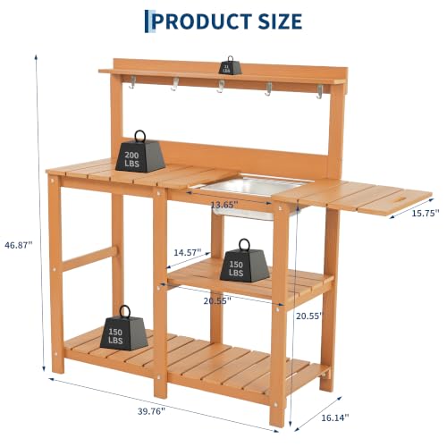 Outdoor Potting Bench Table with Metal Basin - Expandable Tabletop - Outside Potting Table for Gardening, Planting & Yard Work - color: Teak