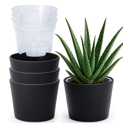 Phoenix Vine 6.6 Inch Black Plastic Cachepot with Clear Nursery Pot, Decorative Lightweight Planter Cover with Transparent Inner Pot for Indoor Houseplants, Pack of 4, 24-C-E-4 - color: Matte Black, size: 6.6" (4 Pack)