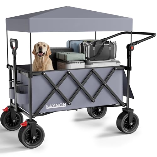 3 in 1 Collapsible Wagon with 300lbs Weight Capacity,150L Heavy Duty Utility Cart with Removable Canopy,with Big All-Terrain Beach Wheels & Drink Holders,Gray - color: Gray