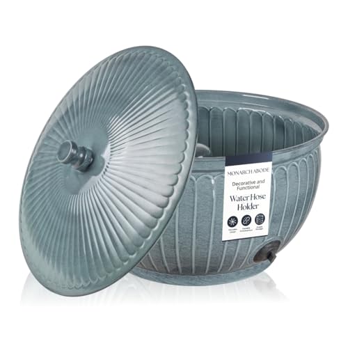 Monarch Abode Garden Hose Holder with Lid – Decorative Water Hose Holders for Outside, Arch Embossed Metal Patina Pot with Drainage, 100ft Waterhose Holder for Outside, Garden Storage Caddy - color: Patina