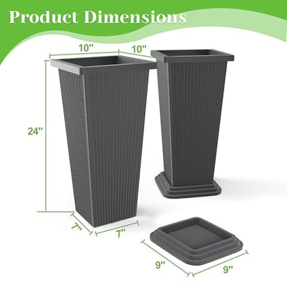 FENCY Set of 2 Tall Planters for Outdoor Plants, Gray Ribbed - color: Gray-square Ribbed