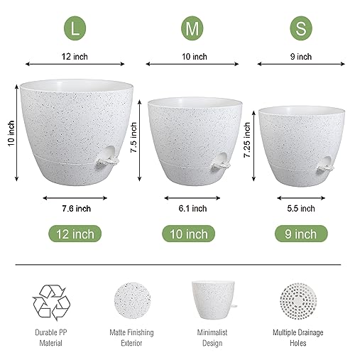 UOUZ Large Self Watering Pots, 12/10/9 Plastic Planters with High Drainage Holes and Deep Reservoir for Indoor Outdoor Garden Plants and Flowers, White Speckles - color: White Speckles