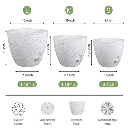 UOUZ Large Self Watering Pots, 12/10/9 Plastic Planters with High Drainage Holes and Deep Reservoir for Indoor Outdoor Garden Plants and Flowers, White Speckles - color: White Speckles