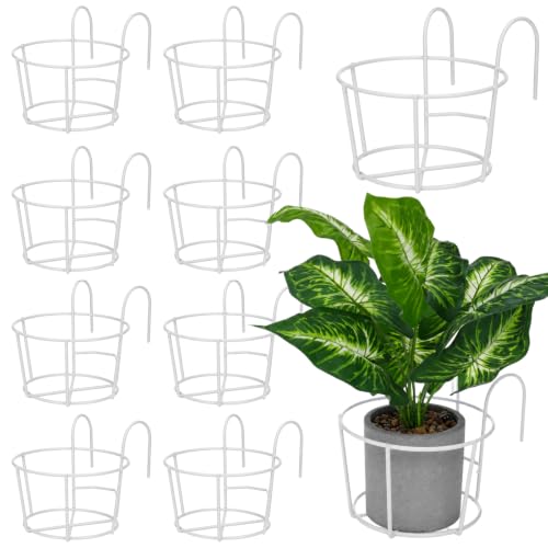 10 Pcs Round Hanging Railing Planters, 6.3" Reinforced Metal Hanging Baskets, Fence Plant Hangers, Heavy-Duty Flower Pot Holders for Balcony, Patio, Porch Railing, White - color: White