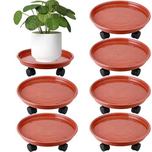 6 Packs Plastic Plant Caddy with Wheels 11.8" Plastic Rolling Plant Stands Heavy-Duty Plant Dolly with Casters Indoor and Outdoor Plant Roller Base Wheels, Rust Red - color: Rust red, size: 11.8" - 6 packs