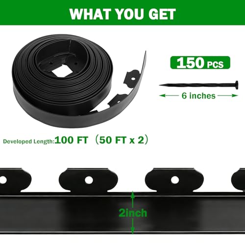 No Dig Landscape Edging 2 Inch x 100 FT, Heavy Duty Flexible Plastic Garden Border with 150 Spiral Spikes, Lawn Edging for Flower Beds, Walkways, Tree Rings, Mulch Beds and Landscaping, Black - style: 2 Inch × 100FT