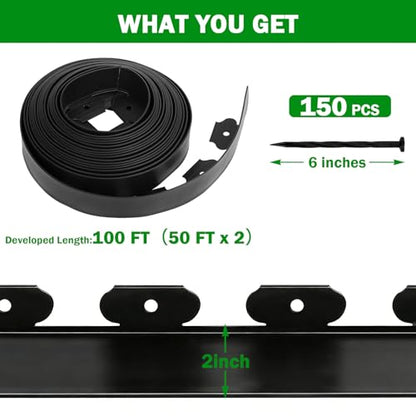 No Dig Landscape Edging 2 Inch x 100 FT, Heavy Duty Flexible Plastic Garden Border with 150 Spiral Spikes, Lawn Edging for Flower Beds, Walkways, Tree Rings, Mulch Beds and Landscaping, Black - style: 2 Inch × 100FT