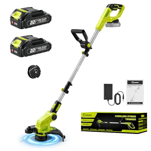 Saker Cordless Weed Wacker,3-in-1 Weed Cutter with Auto Line Feed, 12-in Cordless Lawn Mower Grass Trimmer&Edger Lawn&Mower Tool with 2 Batteries for Yard, Garden,Wireless Weed Eater with 2 Lines