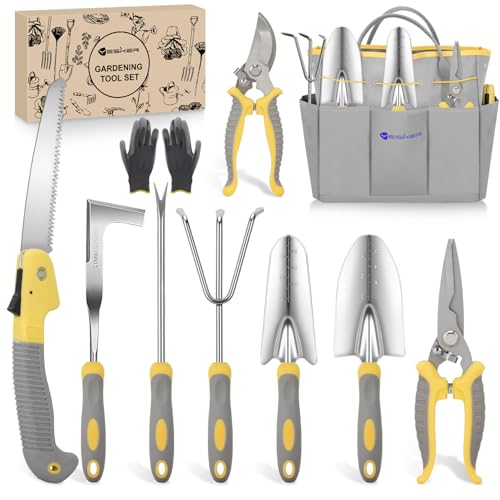 Yesker Gardening Tools 10-Piece Heavy Duty Garden Tool Set Gardening Supplies Gifts for Women Men Gardening Hand Tool Kit w Non-Slip Ergonomic Handle, Garden Bag, Durable Gloves, Pruning Shears, Gray - size: 10PCS Yellow Gray