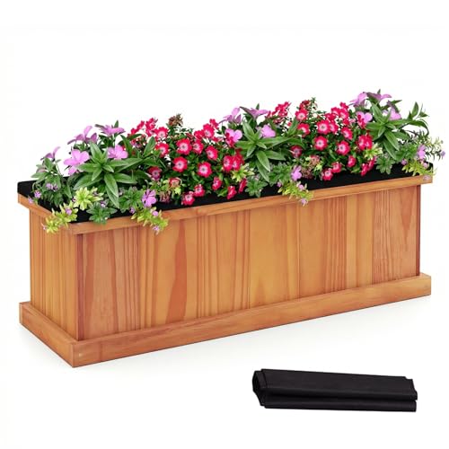 GIANTEX Outdoor Raised Garden Bed, 28” x 10” x 10” Pine Wood Planter Box with 3 Drainage Holes, Removable Bottom & Bed Liner, Rectangular Flower Container for Vegetables, Herbs, Indoor & Outdoor - color: Orange, size: 28"x10"x10"
