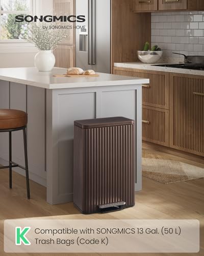 SONGMICS Trash Can, 13 Gallon (50 L), Stainless Steel, with Lid, Pedal - color: Brown, size: 13 Gallon