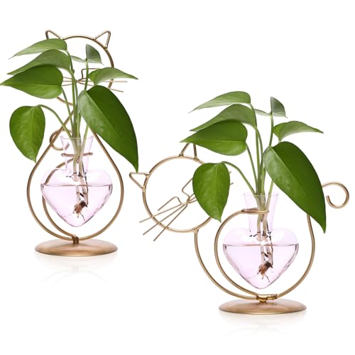 Plant Terrarium Propagation Station Gifts for Women Cat Lover - color: Gold Pink