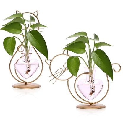 Plant Terrarium Propagation Station Gifts for Women Cat Lover - color: Gold Pink