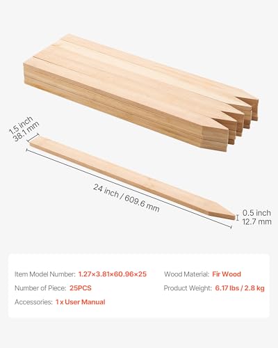 VEVOR Wooden Garden Stakes, 25 Pcs 24 x 0.5 x1.5 in Survey Grading Stakes, Garden Ground Stake with Sharp Point, Fir Wood Plant Support Stake, Sign Posts for Silt Fence Backyard Boundaries Baselines - style: 0.5 x 1.5 x 24in+25pcs