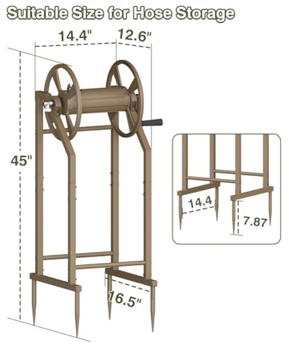4-Spike Garden Hose Reel with 3.9ft Leader Hose & Stainless Fitting, Outdoor Hose Holder holds 125ft Hose of 5/8", Freestanding Metal Hose Stand for Outside Yard Lawn, Brown - color: Brown