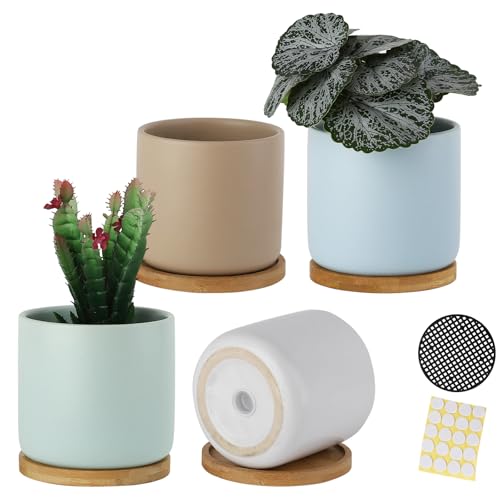 4 Inch Planters with Drainage Hole and Saucer, Small Ceramic Cylinder Plant Pot with Trays for Succulent, Aloe, Cactus & Herbs, Morandi Colors, Set of 4 - color: Morandi Colors