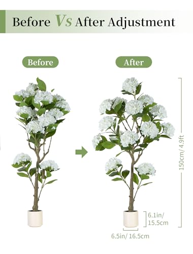 BLOSMON 5ft White Hydrangea Artificial Trees for Front Porch Planters - color: White Hydrangea