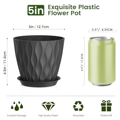 Meowell 5 inch Plant Pots for Indoor Outdoor Plants, 6 Pack Thick Nursery Pots with Drainage Holes and Saucers, 3D Modern Wave Texture Small Plastic Planter Flower Pots for Succulent, Herb, Black - color: Black, size: 5 inch 6 pieces