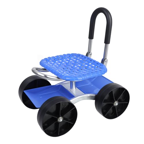 Cuteam Rolling Garden Seat, Utility Garden Stool with Flat Wheels, Foldable Lazy Seat Stool, Picking Rotary Tool Cart with Storage Shelf, Adjustable Height (Blue)