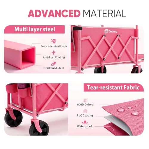 Sekey Collapsible Wagon with Tailgate, 300 lb Capacity, 38 in Cargo Length - color: Pink