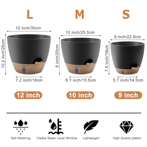 QRRICA 9/10/12 Inch Self Watering Pots for Indoor & Outdoor Plants - color: Black, size: 12/10/9 Inch