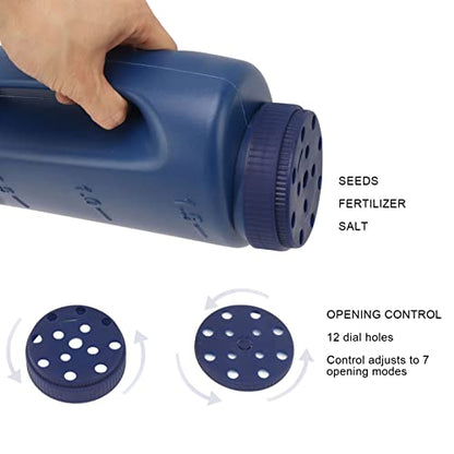 Handheld Fertilizer Spreader, Crop Spreading Salt Sowing Pot Hand Held Grass Seed Spreader Weed and Feed Spreader for Seeds, Fertilizer, Salt, Adjustable Hole Size (Blue)