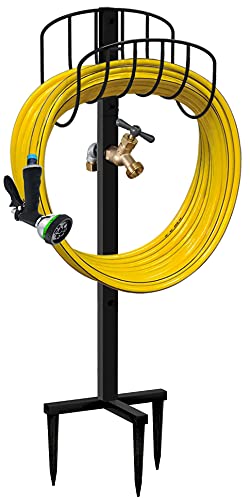 Artigarden Freestanding Garden Hose Holder Stake with Brass Faucet, Heavy Duty Metal Water Pipe Storage Stand Rack for Outdoor - color: Wave with Faucet