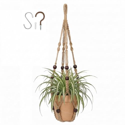 Macrame Plant Hanger Indoor, 23" No Tassel Hanging Plant Holder, Sturdy Flower Pot Holder with Hooks - Brown (Pot NOT Included) - color: Brown, size: 23"-1pc