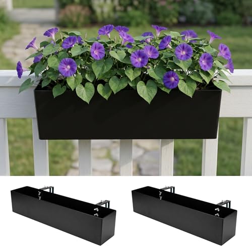 LaLaGreen Railing Planter Box (16 Inch, 2 Pack) Black Metal Rectangular Hanging Flower Boxes with Brackets, Planters for Outdoor Deck Railings Fence Over Rail Balcony Patio Porch Modern Garden Decor - size: 16" x 2 Pack