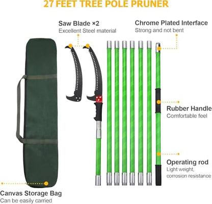 27 Feet Tree Pole Pruner Manual Branches Trimmer Tree Branch Garden Tools Loppers Hand Pole Saws Extendable Height - size: 27FT