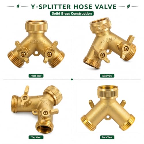 Hourleey Brass Garden Hose Splitter (2 Way), Solid Brass Hose Y Splitter 2 Valves with 2 Extra Rubber Washers (4 Pack) - size: 4 Pack - 2 Way