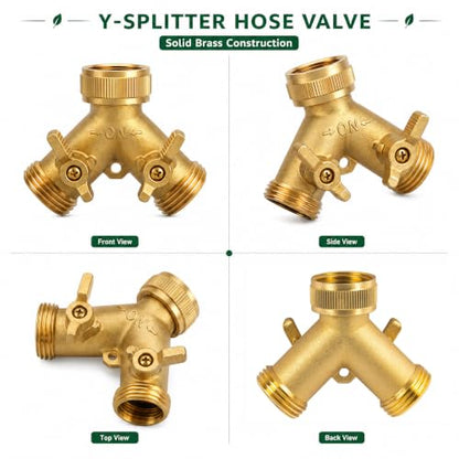 Hourleey Brass Garden Hose Splitter (2 Way), Solid Brass Hose Y Splitter 2 Valves with 2 Extra Rubber Washers (4 Pack) - size: 4 Pack - 2 Way
