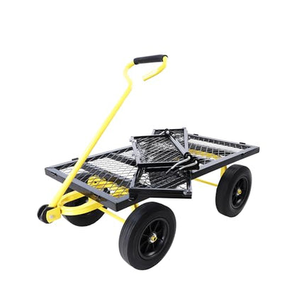 Metal Utility Wagon with 10" Solid Large Wheels 500 Lbs Capacity Heavy Duty Wheel Barrow Mesh Steel Garden Wagon Cart Dump Cart Pullable with 180° Rotating Handle Removable Sides (Black & Yellow) - color: Black & Yellow