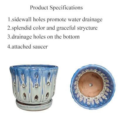 Ceramic Orchid Pot with Drainage Hole 6'' Orchid Planter (Blue Cover White) - color: Blue Over Cream