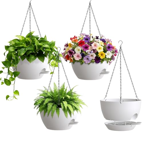 UOUZ 4 Pack 8 Inch Self Watering Hanging Planters for Indoor Outdoor Plants，Hanging Pots for Plants with Drainage Removable Tray, Hanging Baskets Flower Pots for Ivy Pothos Spider Garden Porch White - color: White, size: 8inch-4pack