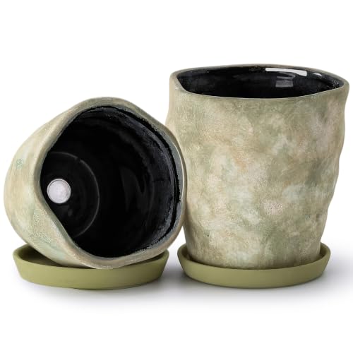 6 Inch Ceramic Planter Set of 2 with Drainage Hole and Saucer for Plants, Indoor-Outdoor Large Irregular Succulent Orchid Flower Pot- Cement Paint, Inner-pots not Larger Than 5 Inch - color: Light Green, size: 6inch-Set of 2
