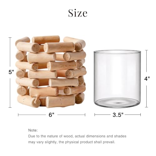 Farmhouse Solid Wood Openwork Vase - with 3.5 Inch Borosilicate Glass Liner, Indoor Tabletop Decor, Versatile Floral Container for Fresh & Dried Flowers, Hydroponics and Mini Potted Plants
