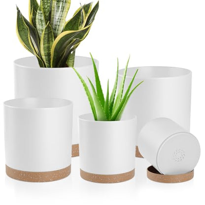 YNNICO Plant Pots with Drainage Holes and Saucers – 7, 6.5, 6, 5, 4 Inch Plastic Planters for Indoor Outdoor Plants, Modern Matte Finish, Lightweight & Durable（White - color: White