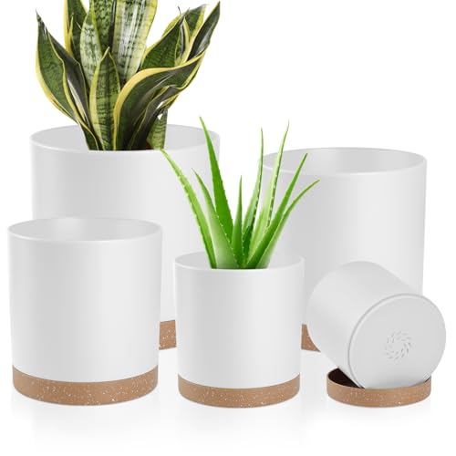 YNNICO Plant Pots with Drainage Holes and Saucers – 7, 6.5, 6, 5, 4 Inch Plastic Planters for Indoor Outdoor Plants, Modern Matte Finish, Lightweight & Durable（White - color: White