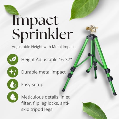 Tripod Sprinkler on Stand, Heavy Duty Impact Lawn Sprinkler 360° Coverage, Large Area Irrigation for Garden & Yard, Adjustable 16"-37" Height, Tripod Sprinkler System — 1-Pack CWS105201