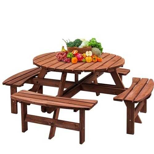 Outdoor Picnic Table for 8 Person, Wooden Picnic Tables with 4 Built-in Benches and Umbrella Hole Outside Table and Bench Set Round Picnic Table for Garden, Backyard, Porch,Patio （Natural - size: 8Person-Round-B
