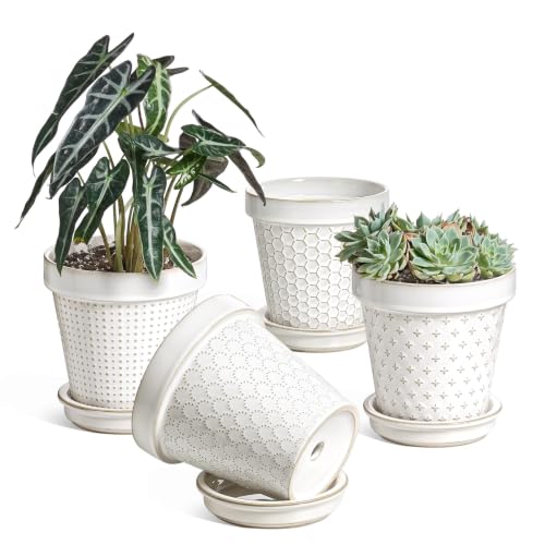 LE TAUCI Ceramic Flower Pot with Drainage Hole & Saucer,Plant Pots Set of 4,Arctic White - size: 5.5 inch