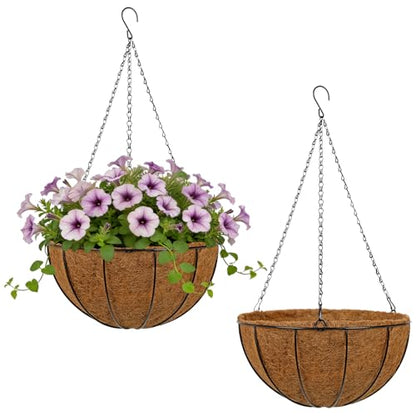 14 Inch Metal Hanging Basket with Coco Coir Liner for Flowers Planting - size: 14" & 2 Pcs
