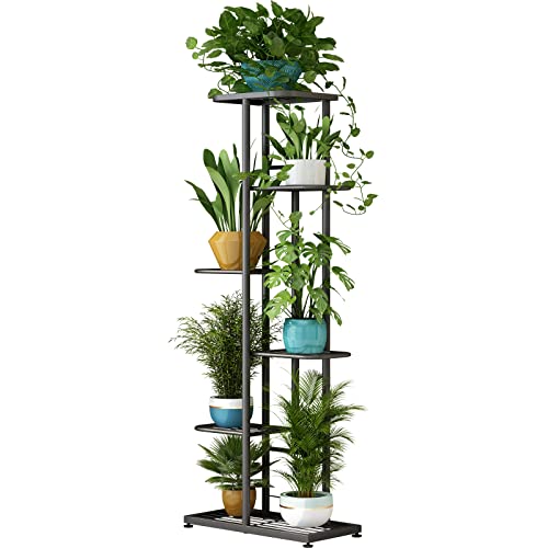 LINZINAR 6 Tier Plant Stand Indoor Outdoor Metal Flower Pot Display Shelf - color: Dark Grey, size: 6 Tier-7 Potted