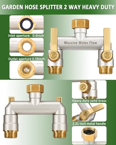 Hose Splitter 2 Way Heavy Duty, Full Flow Solid Brass Nickel Plated Garden Hose Splitter, Spigot Splitter Valve with Metal Handle, Outdoor Faucet Splitter, 3/4 - Inch Frost Resistant Hose Adapter - style: Nickel Plated 2 way