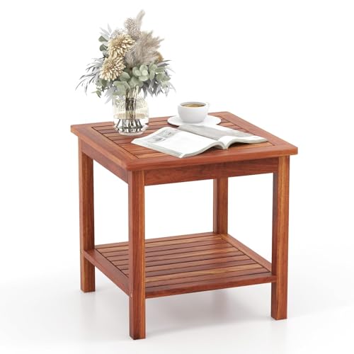 HAPPYGRILL Adirondack Outdoor Side Table Patio 2-Tier Square End Table, Acacia Wood Coffee Table for Porch, Poolside, Backyard, Garden, Balcony, Living Room - size: 18x18x18-A