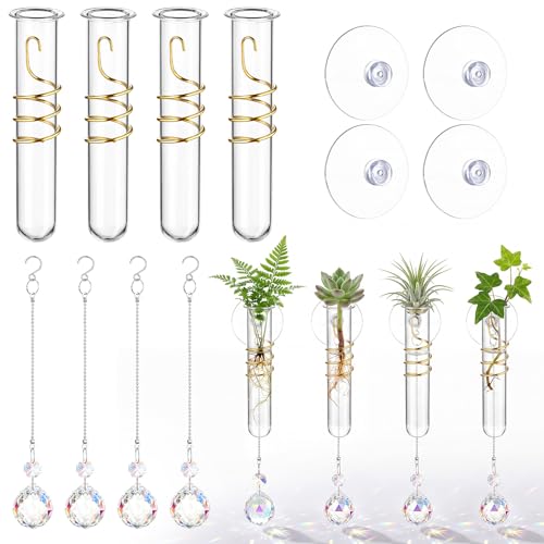 Zhehao 4 Set Window Propagation Vases with Suction Cups, 5.9'' Glass Tubes