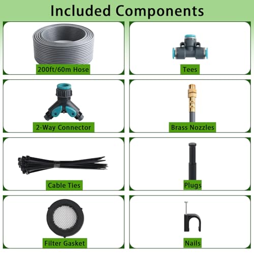 200FT 1/4" Quick-Connect Drip Irrigation System Kit, Automatic Garden Watering System with 32 Pcs Adjustable Spray Nozzles for Garden, Greenhouse, Yard, Lawn - size: 200FT