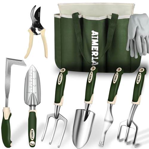 Aimerla Gardening Tools Set of 9 Heavy Duty Garden Tools with Non-Slip Rubber Grip with Large Garden Bag for Tools Durable Hand Tools for Gardening, Weeding,Gardening Gifts for Women,Men (Dark Green) - style: Dark green