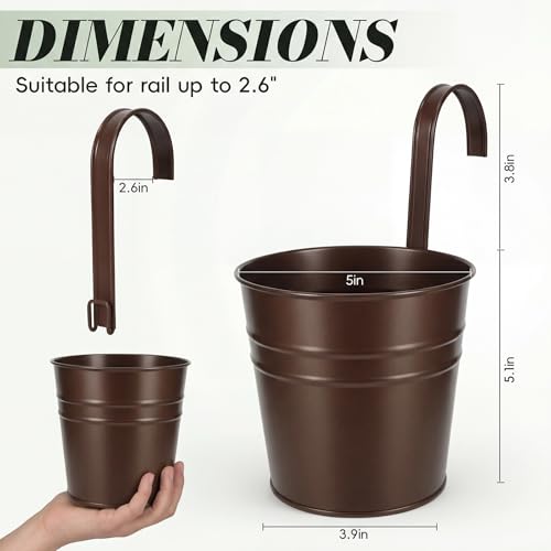 HowRU Hanging Flower Pots, Railing Planter Box for Outdoor Plants 12 Pack 5 Inch Metal Hanging Planters with Detachable Hooks Balcony Window Fence Garden Decoration Flower Boxes(Bronze(5in)) - color: Bronze(5in)